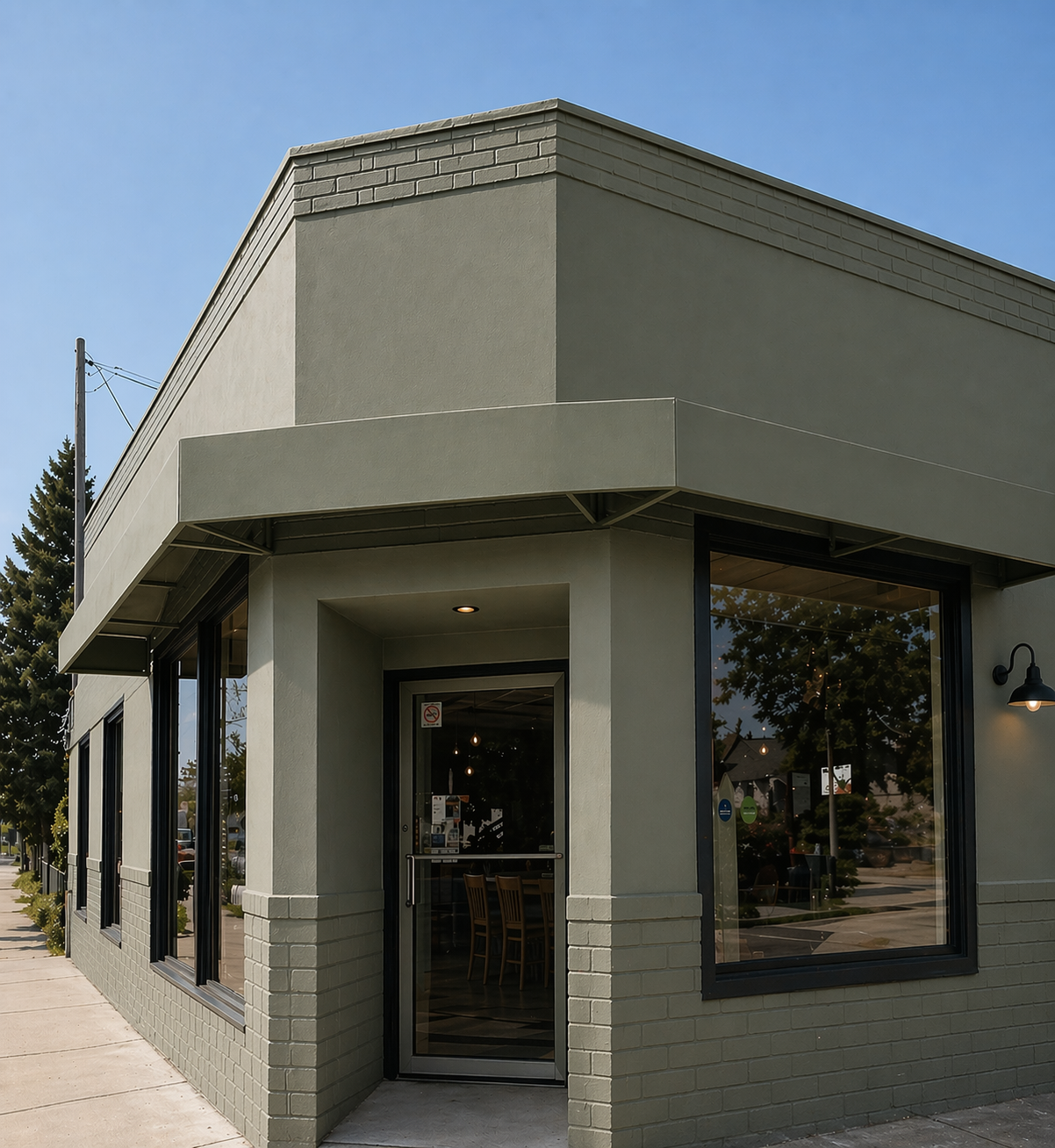 El Patio Restaurant building exterior – modern olive-green facade with warm lighting, located in Kenosha WI